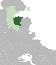 Location of the Copacaban Republic (green) in eastern Crona (gray). Other dependencies of Kiravia are depicted in light green.