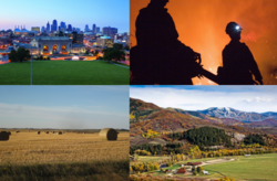 Clockwise from top left: City of Presdale, Royal Arcerion Fire Service volunteers battle wildfires, a ranch it the foothills below the Aileach Mountains, wheat farms in Northlea.