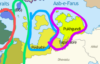 Peshabiwar colony in blue Pukhgundi colony in purple Kandahari-Pukhtun colony in green Barbary Straits colony in red